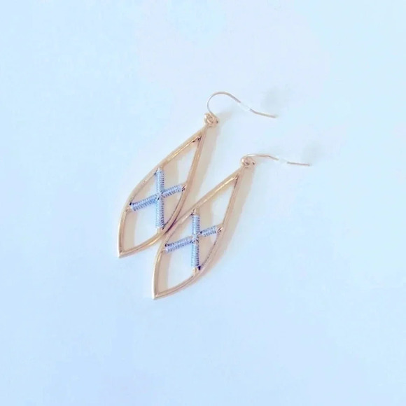 Marlyn Schiff Gold Tone Elongated Teardrop Earring with Silver Accents - Picture 2 of 3